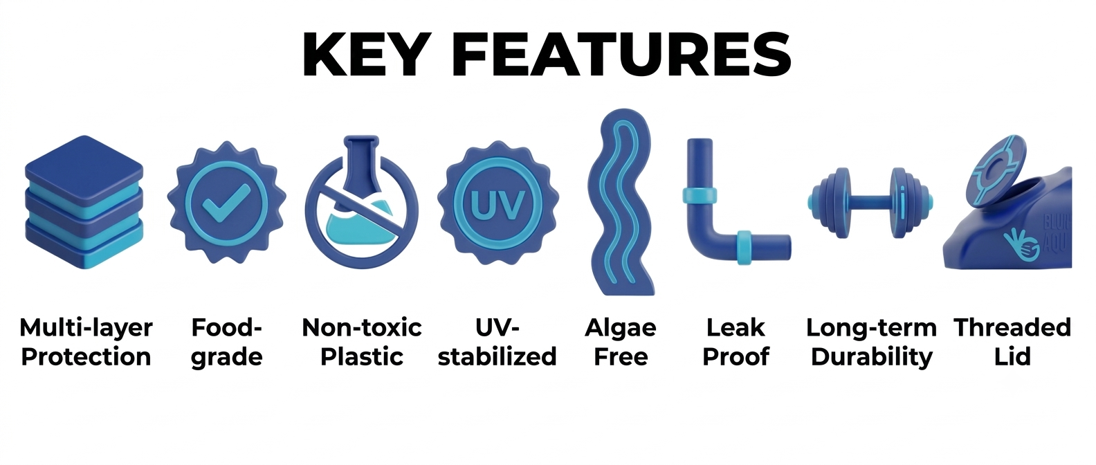 Water tank key features: multi-layer protection, food-grade, non-toxic plastic, UV-stabilized, algae free, leak proof, long-term durability, threaded lid